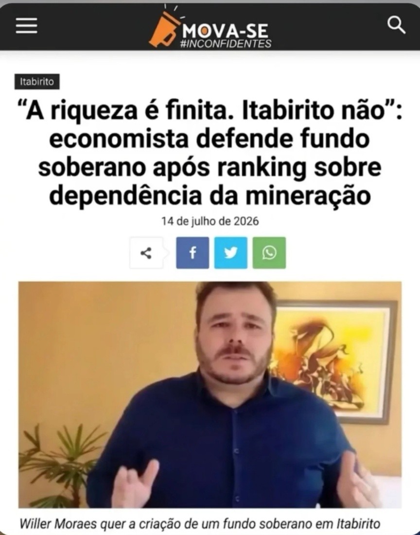 Matéria do portal Mova-se Inconfidentes com Willer Moraes defendendo um fundo soberano para Itabirito